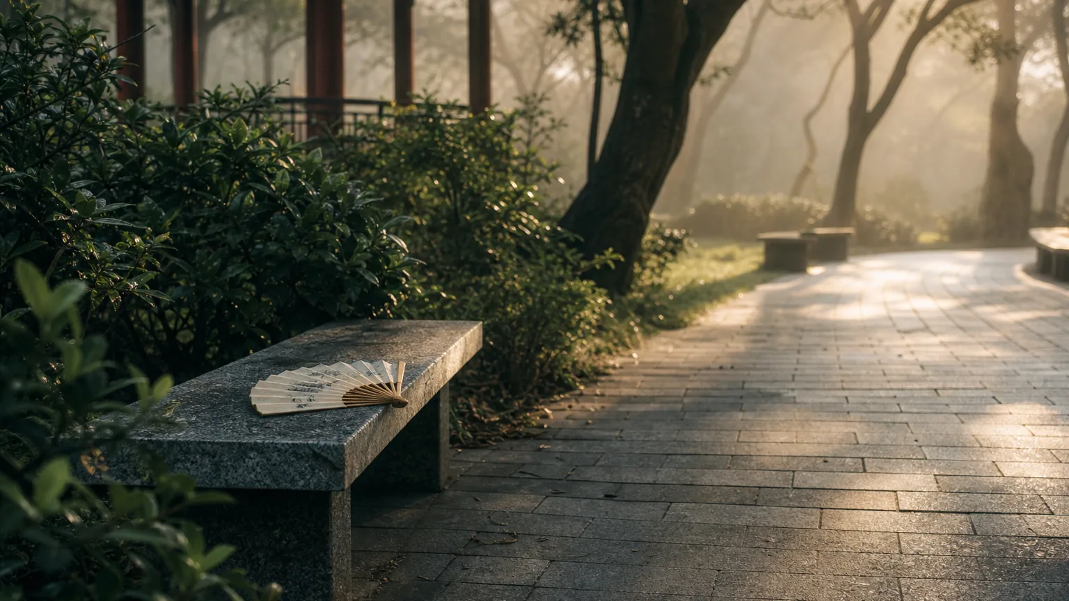 清晨香港公園,石凳上留下一把摺好嘅紙扇,樹間薄霧,地磚小徑,無人。